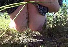 Hey, look at this dildo we found in the forest! Watch girlfriend pound milf doggystyle with shaking big ass.