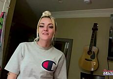 petite inked blonde confidently rubs her chest and explores her body