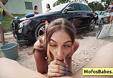Blonde Sexy Horny Girl Swallows Huge Fat Dick Outdoor at Car Wash