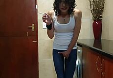 Pisswhore Peeing in Jeans While Smoking and Stripping - WOW!