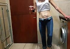 Pisswhore Peeing in Jeans While Smoking and Stripping - WOW!