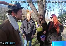 Redhead sluts Katy and Mia scream during rough taboo egg hunt with stuffed cunts.