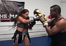 Male versus female in mixed boxing spar with feisty feminista