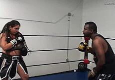 Male versus female in mixed boxing spar with feisty feminista