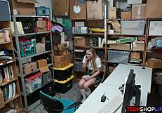 Dumb blonde shoplifter caught and fucked by security