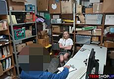 Dumb blonde shoplifter caught and fucked by security