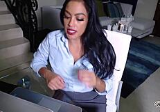 Asian housewife maxine x moans loudly while dildo fucking her wet pussy and ass with handjob