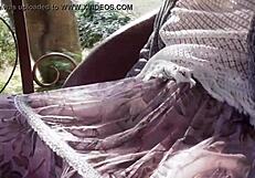 Hairy mature flashes upskirt in public carriage outdoor. Part 2 shows more.