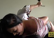 Look at this chubby submissive getting her ass paddled hard. She takes every spank with deepthroat punishment!