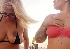 Flashing at the beach with my naughty friend. Ready to take that virgin boy's innocence?
