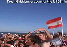 Hot girls bare tits at wild beach party in public