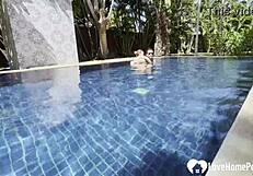 hot babe swims, strips, and grabs my cock poolside for some steamy teasing