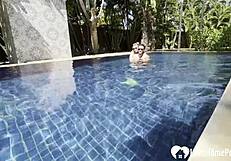 hot babe swims, strips, and grabs my cock poolside for some steamy teasing