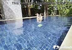 hot babe swims, strips, and grabs my cock poolside for some steamy teasing