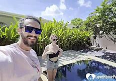 hot babe swims, strips, and grabs my cock poolside for some steamy teasing