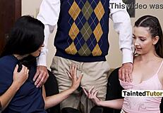 Jade Greene And Serena Hill Submit To Peter Fitzwell's Principal Proposal In A Steamy Group Sex Scene On The Desk