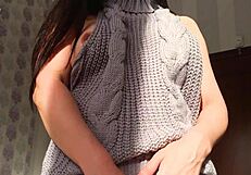 Cute petite brunette in sexy sweater gets creampied by amateur lover, showing her big tits and whore side in homemade scene