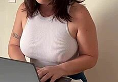 the new latina milf employee with big tits and ass gets a cumshot after blowjob and masturbation
