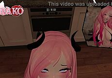 cat girl cosplays succubus for halloween, teasing with poses to make you finish in her mouth