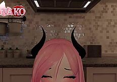 cat girl cosplays succubus for halloween, teasing with poses to make you finish in her mouth