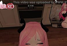 cat girl cosplays succubus for halloween, teasing with poses to make you finish in her mouth