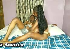 Ebony teen sucking natural tits and pounding pussy