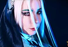 Nun cosplay couple interacts in garage.