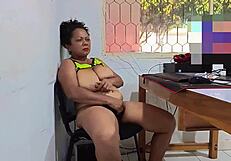 Busty mature woman goes wild masturbating in office. She watches porn imagining a hardcore threesome!