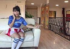 asian slutty babe sucks two black cocks hard