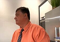 sexy redhead with pierced tongue sucks old man cock before hard fucking and swallowing cum