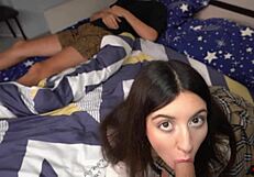 My stepfather rests after fishing, and we end up sharing the bed for a risky quickie