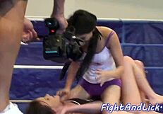 Skinny European Lesbians Dominate In Athletic Wrestling Catfight In Boxing Ring
