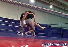 Skinny European Lesbians Dominate In Athletic Wrestling Catfight In Boxing Ring