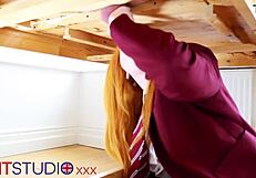 victoria greene sucks cock and gets cum-drenched uniform at milking table