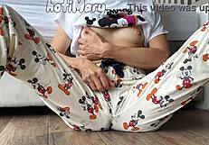 Skinny teen 18+ in pajamas with small tits enjoying a wild squirting orgasm.