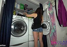 Watch me take clothes out of the dryer in very short shorts