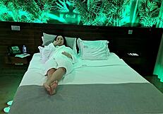 Latina MILF tricks chubby handyman into oiling her, leading to squirting orgasm and rough creampie