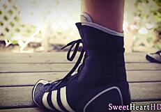 This teen lesbian in heels dives into tasting that box with her group! 😍