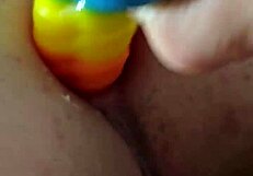 brunette amateur uses rainbow dildo for anal gaping creampie!