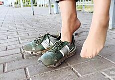 Tan Nylon Soles With Blue Jeans Teasing On The Bench