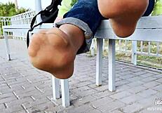 Tan Nylon Soles With Blue Jeans Teasing On The Bench