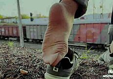 Tan Nylon Soles With Blue Jeans Teasing On The Bench