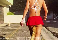 hairy babe enjoys fluffy buttplug in public