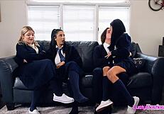 Inexperienced besties diving into a wild foursome with shared dick