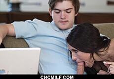 IT guy intensely fixes laptop while freeusing stepsisters in cowgirl sex.