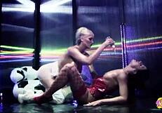 Blonde Stripper Craves Her Girl Licking Dildo Clean