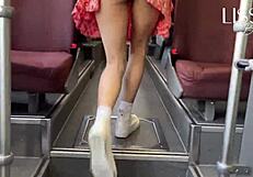 Damn, hot woman flashes and gropes herself wild on public bus!