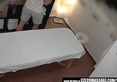 Teen fucks on massage table with blowjob and cum