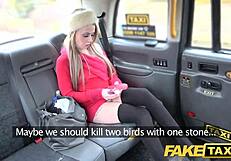 Petite blonde rides dildo and cock in fake taxi