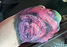 I observe slow motion of fresh tattoo skin peel.